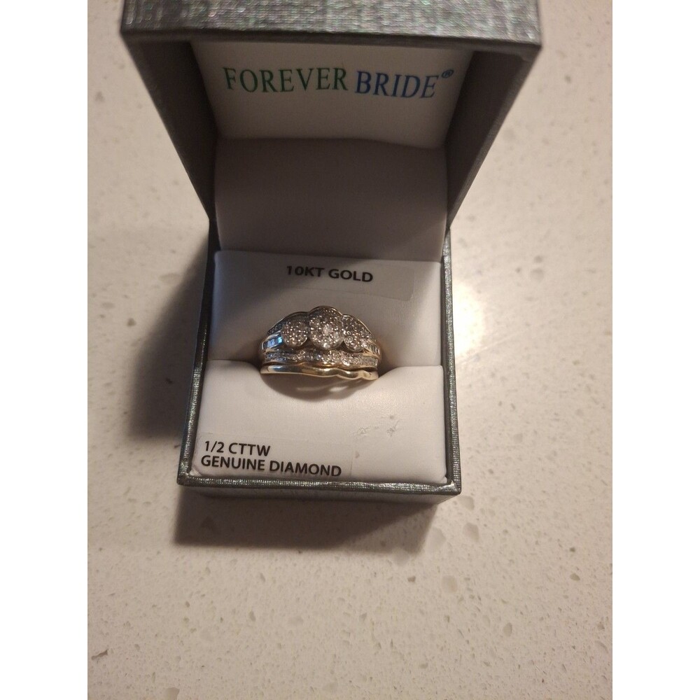 10K Gold 1/2 CTTW Diamond SET Engagement Ring & Wedding Band 3 Round Flowers Sz7